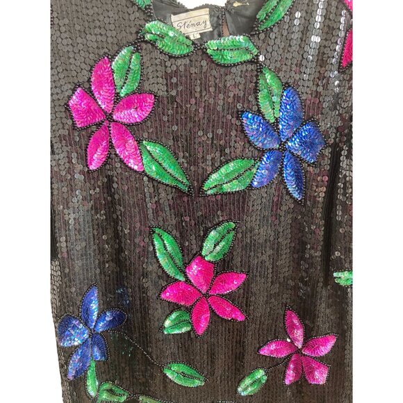 Vintage Stenay Black Sequin Floral Top With Pink Green & Blue Embellishments Sho - Picture 6 of 10